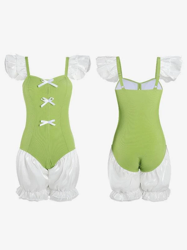 Sweet Lolita Swimsuits Green Bows Ruffles Sleeveless One Piece - Image 5