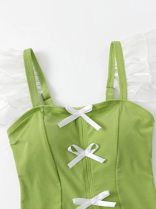 Sweet Lolita Swimsuits Green Bows Ruffles Sleeveless One Piece - Image 6