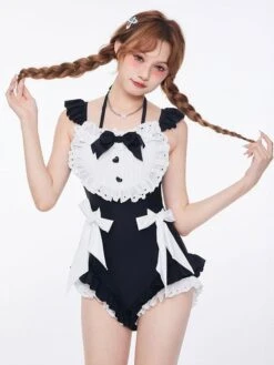 Sweet Lolita Swimsuits Black Ruffles Bows Sleeveless One Piece