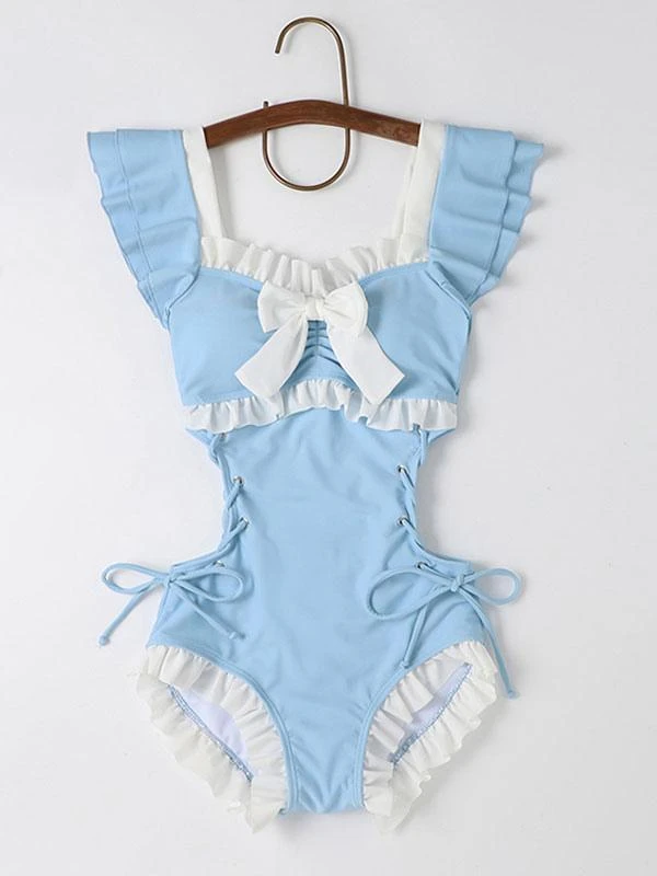 Sweet Lolita Swimsuit Pink Ruffles Bows Lace Up Sleeveless Jumpsuit - Image 5