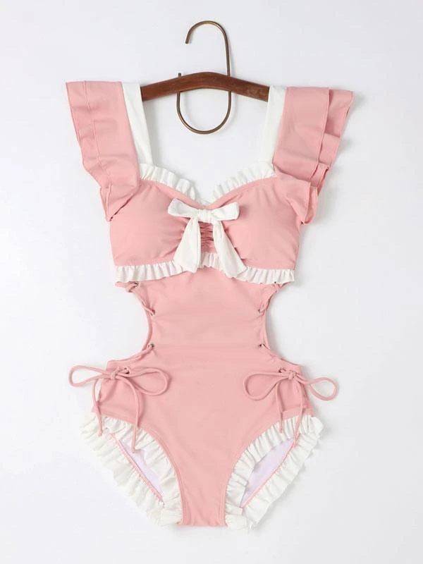 Sweet Lolita Swimsuit Pink Ruffles Bows Lace Up Sleeveless Jumpsuit - Image 3