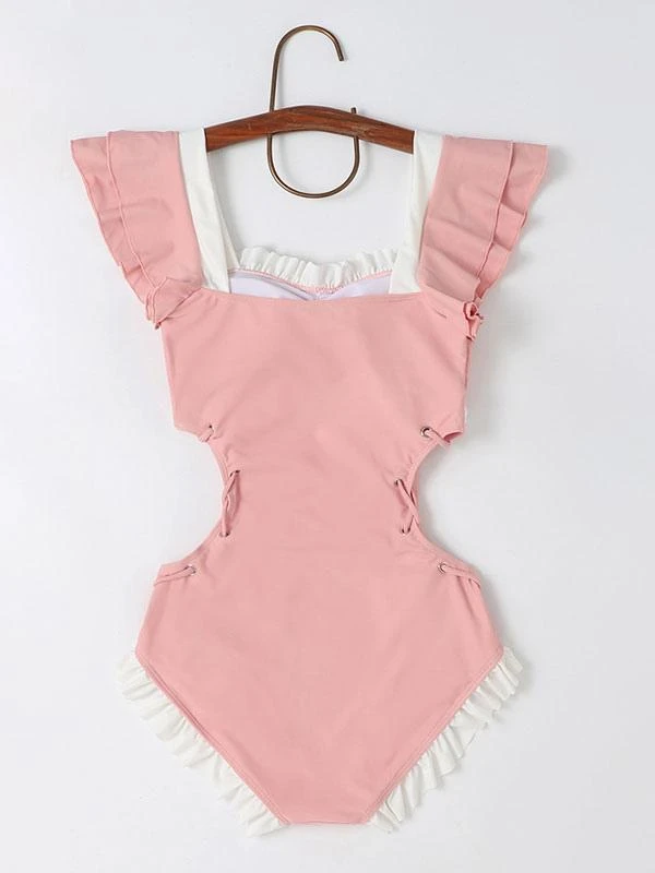 Sweet Lolita Swimsuit Pink Ruffles Bows Lace Up Sleeveless Jumpsuit - Image 4