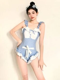 Sweet Lolita Swimsuit Light Sky Blue Bows Ruffles Polka Dot Sleeveless Jumpsuit