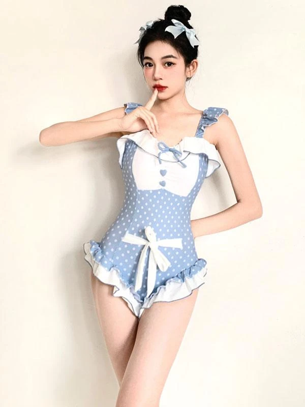 Sweet Lolita Swimsuit Light Sky Blue Bows Ruffles Polka Dot Sleeveless Jumpsuit - Image 2