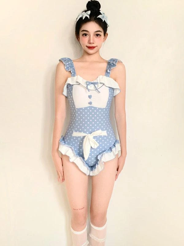 Sweet Lolita Swimsuit Light Sky Blue Bows Ruffles Polka Dot Sleeveless Jumpsuit - Image 4