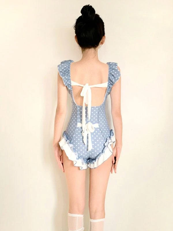 Sweet Lolita Swimsuit Light Sky Blue Bows Ruffles Polka Dot Sleeveless Jumpsuit - Image 5