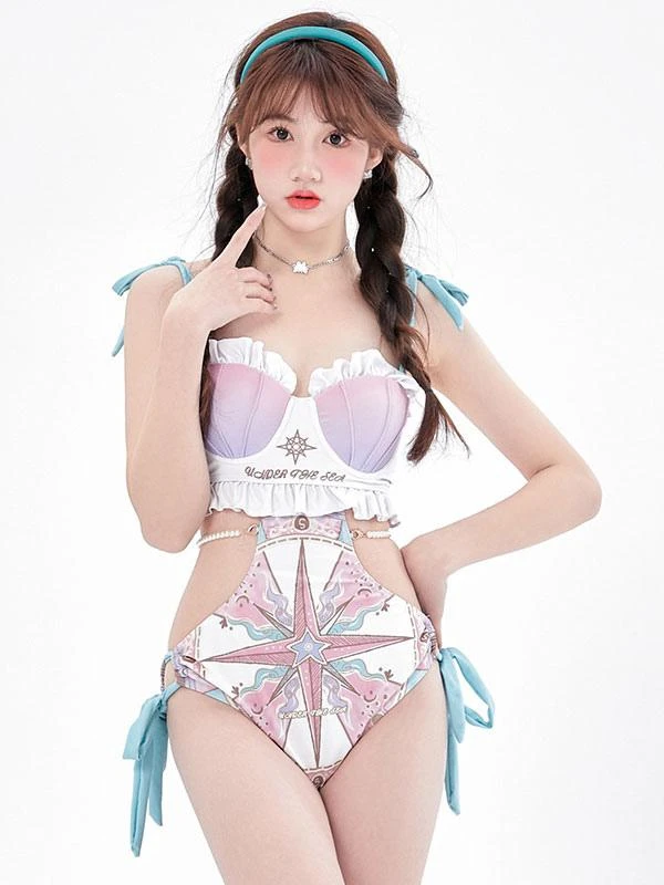 Sweet Lolita Swimsuit Fuchsia Pink Ruffles Floral Print Sleeveless Jumpsuit - Image 2
