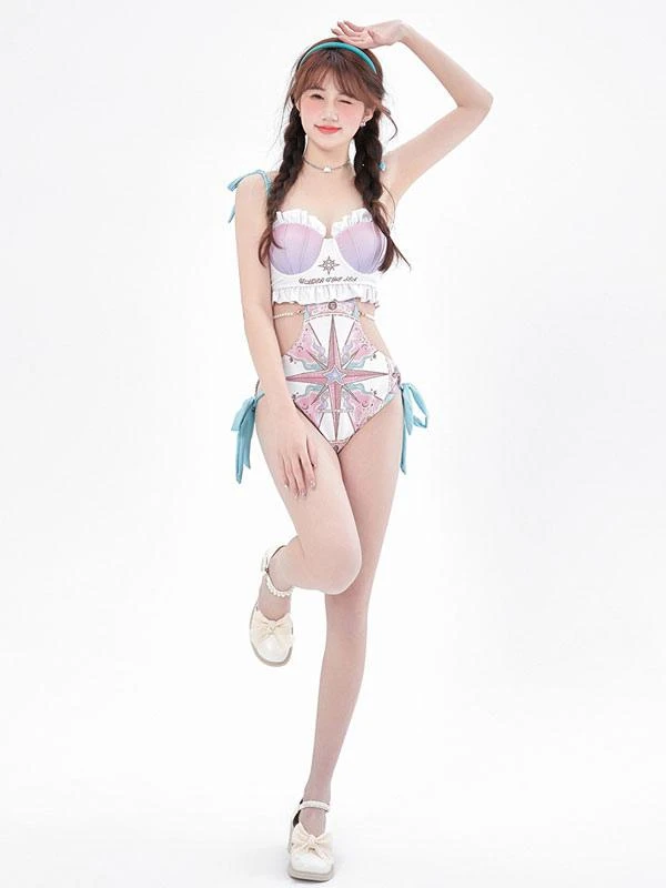 Sweet Lolita Swimsuit Fuchsia Pink Ruffles Floral Print Sleeveless Jumpsuit - Image 5