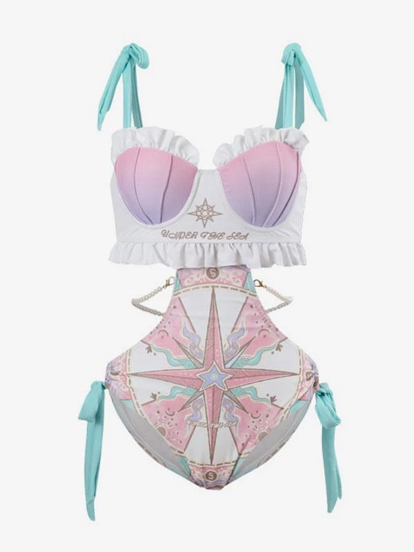 Sweet Lolita Swimsuit Fuchsia Pink Ruffles Floral Print Sleeveless Jumpsuit - Image 6