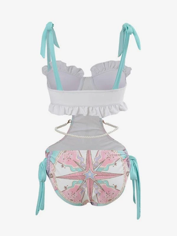 Sweet Lolita Swimsuit Fuchsia Pink Ruffles Floral Print Sleeveless Jumpsuit - Image 7