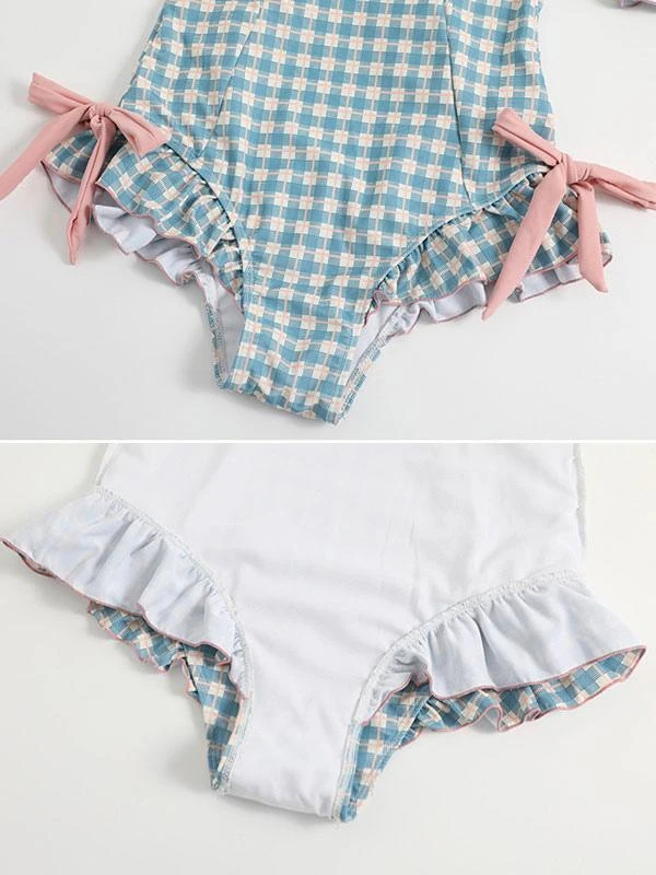Sweet Lolita Swimsuit Light Sky Blue Plaid Bows Ruffles Short Sleeves Jumpsuit - Image 10