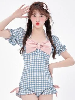 Sweet Lolita Swimsuit Light Sky Blue Plaid Bows Ruffles Short Sleeves Jumpsuit