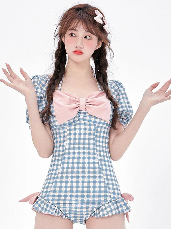Sweet Lolita Swimsuit Light Sky Blue Plaid Bows Ruffles Short Sleeves Jumpsuit - Image 2