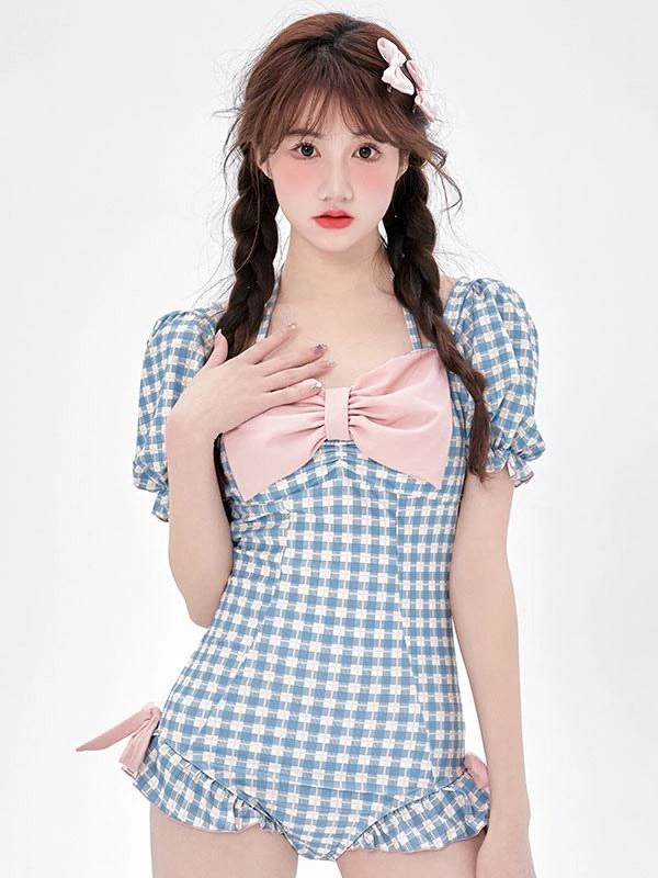 Sweet Lolita Swimsuit Light Sky Blue Plaid Bows Ruffles Short Sleeves Jumpsuit - Image 3