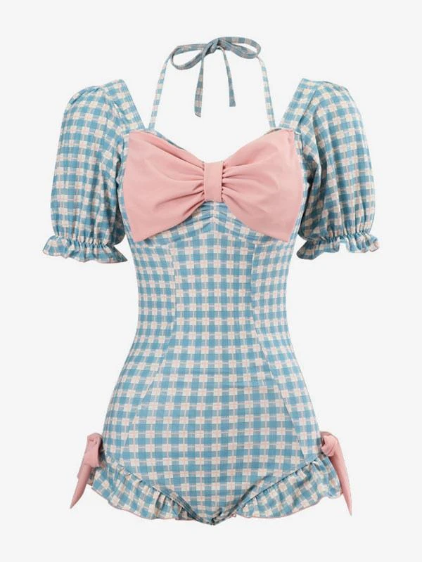 Sweet Lolita Swimsuit Light Sky Blue Plaid Bows Ruffles Short Sleeves Jumpsuit - Image 6