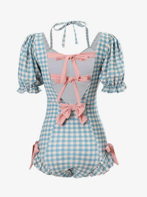 Sweet Lolita Swimsuit Light Sky Blue Plaid Bows Ruffles Short Sleeves Jumpsuit - Image 7