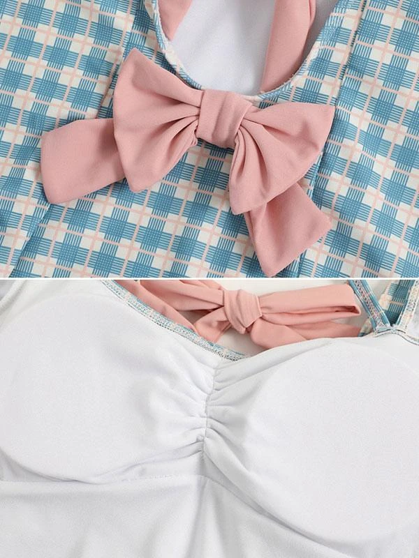 Sweet Lolita Swimsuit Light Sky Blue Plaid Bows Ruffles Short Sleeves Jumpsuit - Image 9