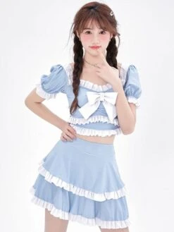 Sweet Lolita Swimsuit Light Sky Blue Bows Ruffles Short Sleeves Top Pants