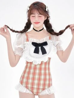 Sweet Lolita Swimsuit White Ruffles Bows Plaid Short Sleeves Jumpsuit