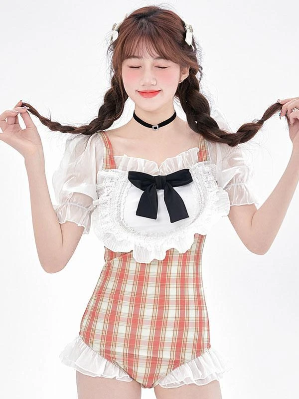 Sweet Lolita Swimsuit White Ruffles Bows Plaid Short Sleeves Jumpsuit
