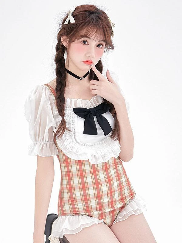 Sweet Lolita Swimsuit White Ruffles Bows Plaid Short Sleeves Jumpsuit - Image 2