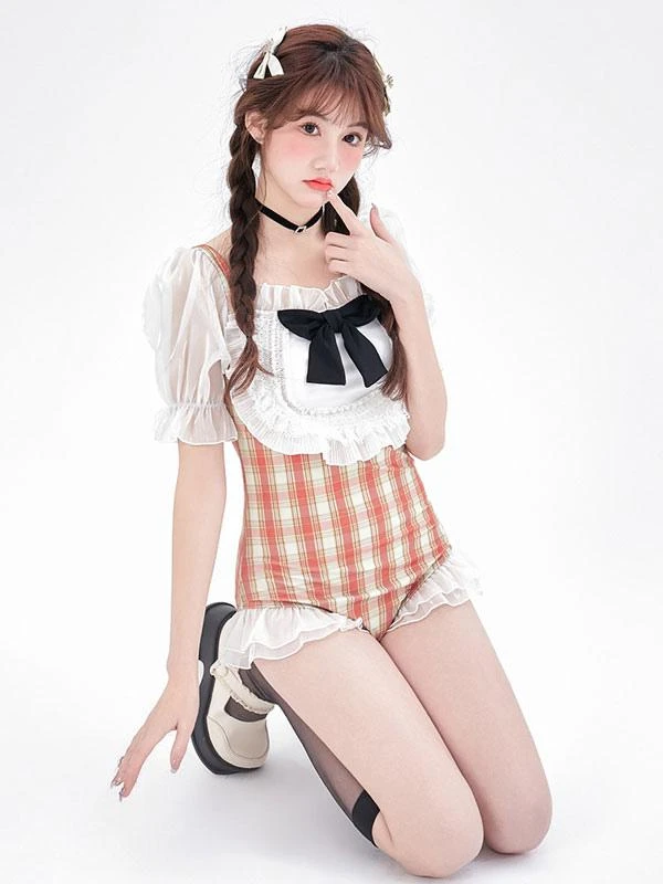 Sweet Lolita Swimsuit White Ruffles Bows Plaid Short Sleeves Jumpsuit - Image 3