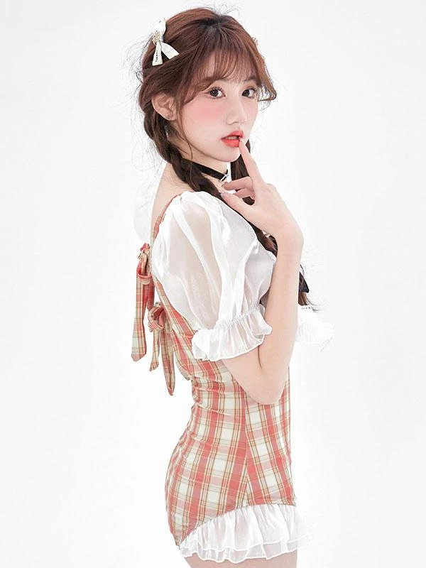 Sweet Lolita Swimsuit White Ruffles Bows Plaid Short Sleeves Jumpsuit - Image 4