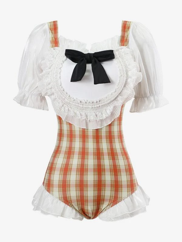 Sweet Lolita Swimsuit White Ruffles Bows Plaid Short Sleeves Jumpsuit - Image 6
