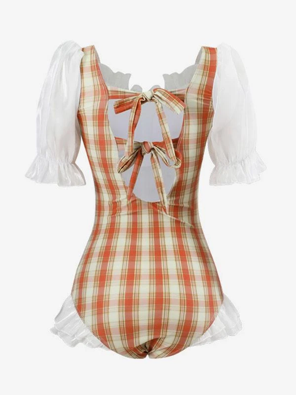 Sweet Lolita Swimsuit White Ruffles Bows Plaid Short Sleeves Jumpsuit - Image 7