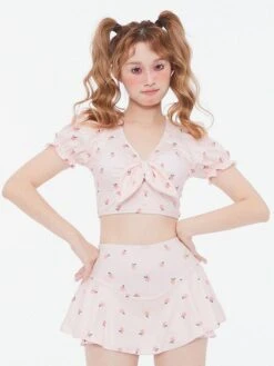 Sweet Lolita Outfits Pink Floral Print Short Sleeves Pants Top