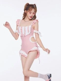 Sweet Lolita Swimsuit Pink Ruffles Bows Sleeveless Jumpsuit