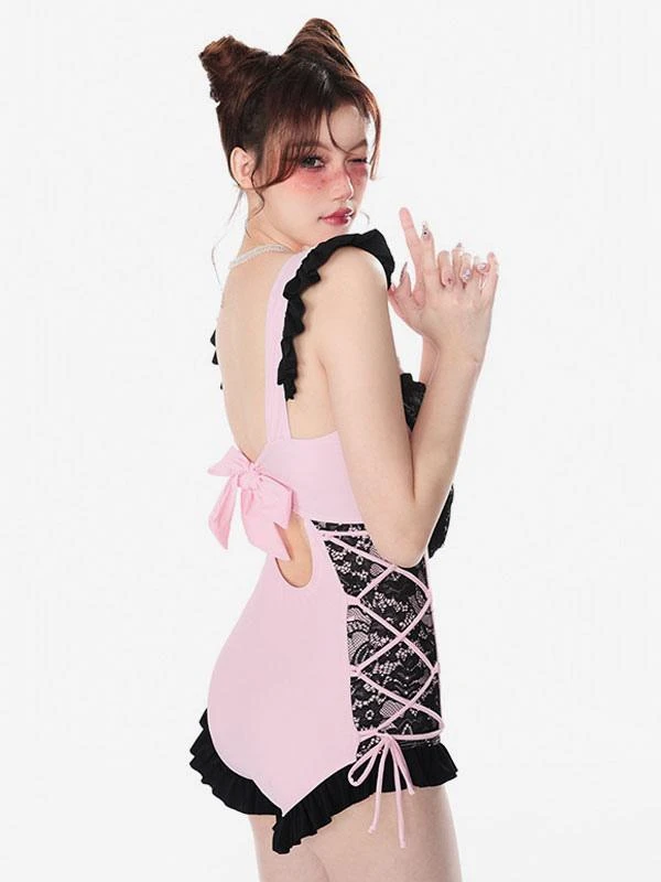 Sweet Lolita Swimsuit Pink Lace Bows Ruffles Sleeveless Jumpsuit - Image 4