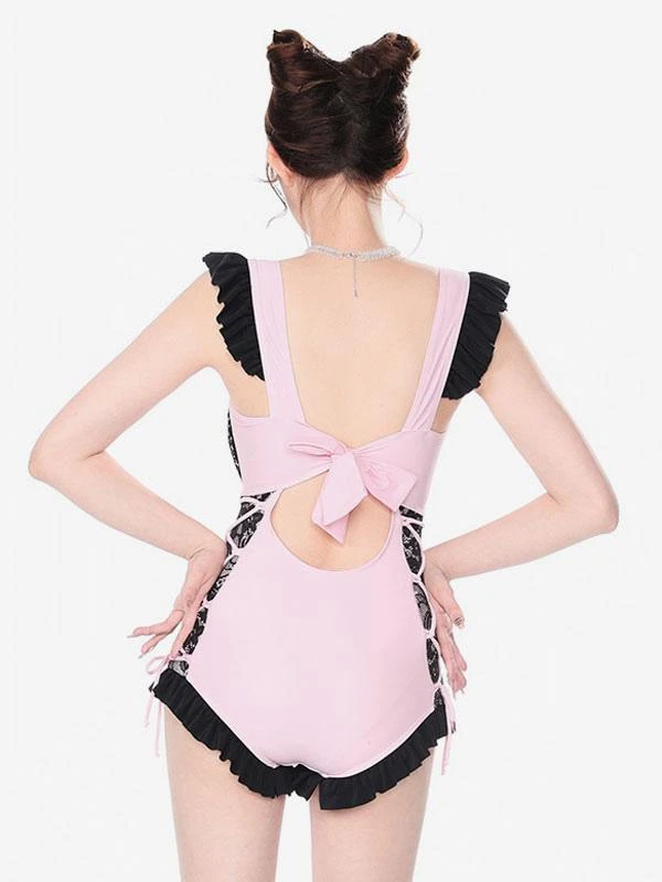 Sweet Lolita Swimsuit Pink Lace Bows Ruffles Sleeveless Jumpsuit - Image 5
