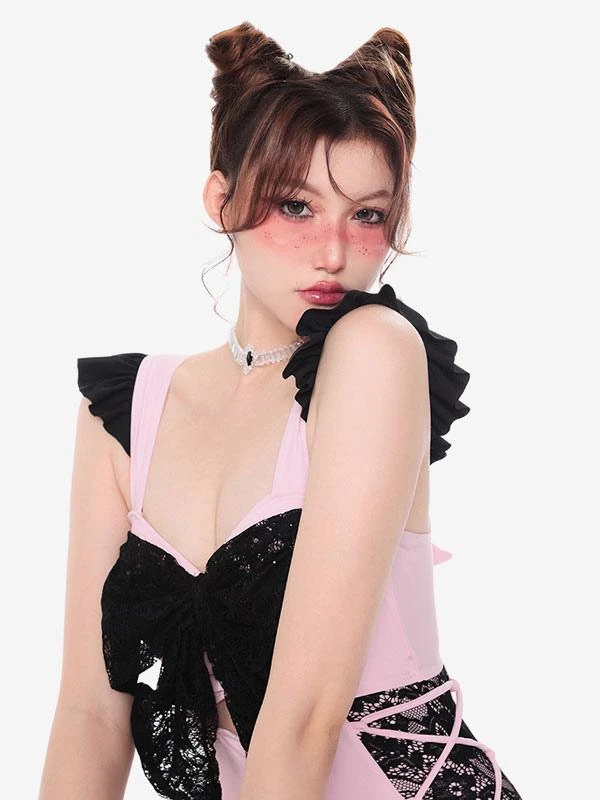 Sweet Lolita Swimsuit Pink Lace Bows Ruffles Sleeveless Jumpsuit - Image 6