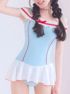 Sweet Lolita Swimsuit Light Sky Blue Lace Ruffles Sleeveless Jumpsuit