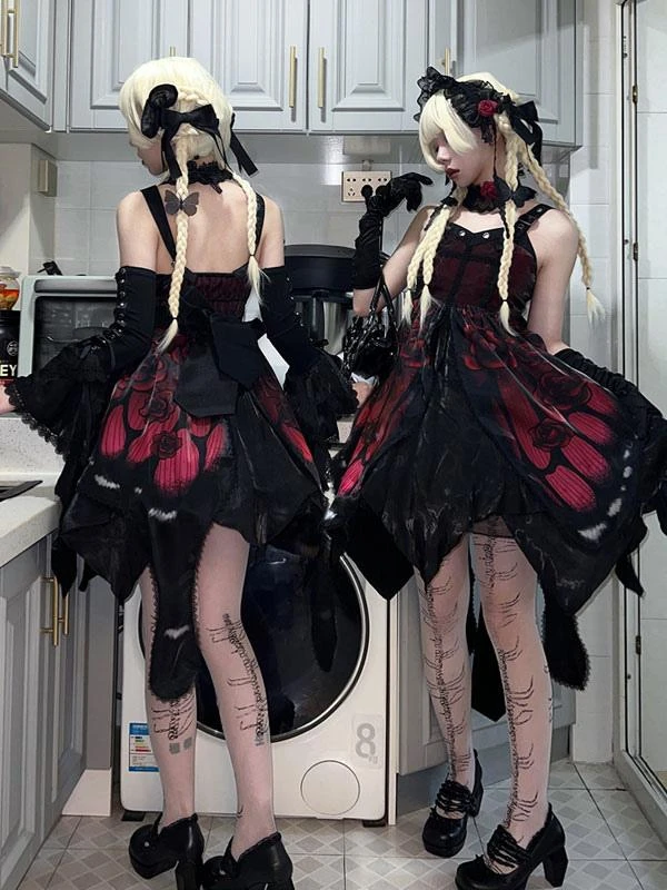 Gothic Lolita Dresses Lace Bows Butterfly Pattern Rose Pattern White Red - Image 5