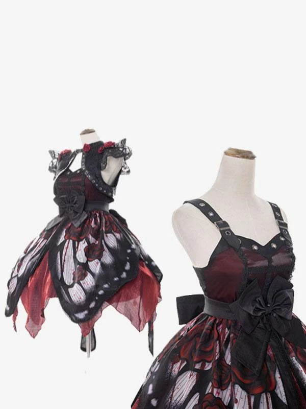 Gothic Lolita Dresses Lace Bows Butterfly Pattern Rose Pattern White Red - Image 6