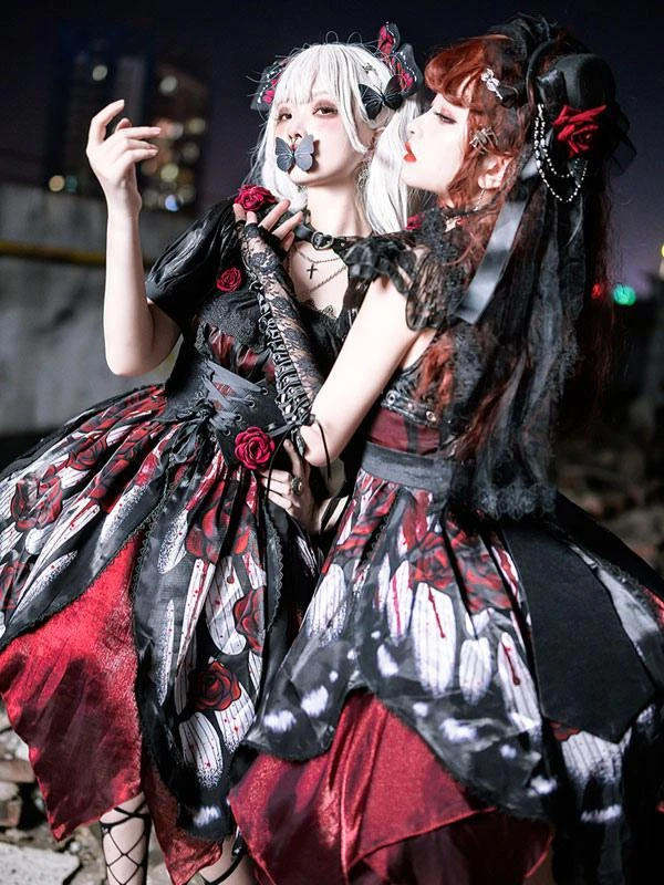 Gothic Lolita Dresses Lace Bows Butterfly Pattern Rose Pattern White Red - Image 3