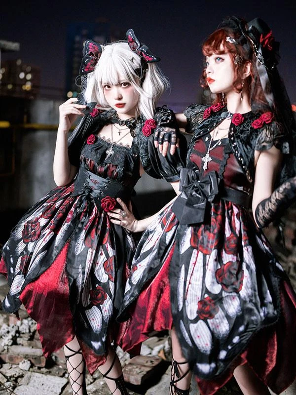 Gothic Lolita Dresses Lace Bows Butterfly Pattern Rose Pattern White Red - Image 2