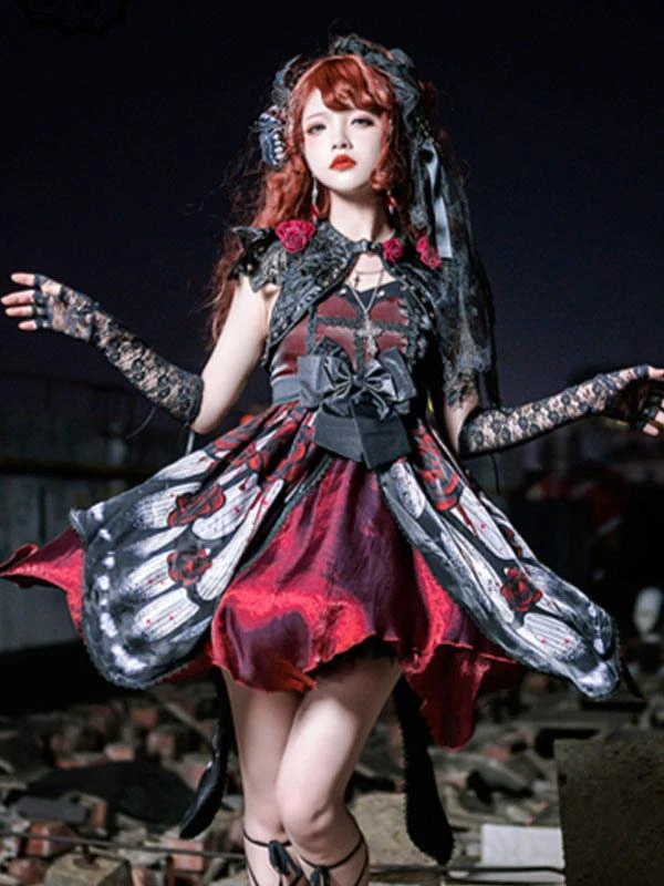 Gothic Lolita Dresses Lace Bows Butterfly Pattern Rose Pattern White Red