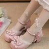 Sweet Lolita Sandals Ruffles Pearls Bows Round Toe PU Leather Pink Lolita Summer Shoes