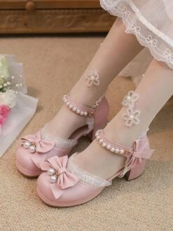 Sweet Lolita Sandals Ruffles Pearls Bows Round Toe PU Leather Pink Lolita Summer Shoes