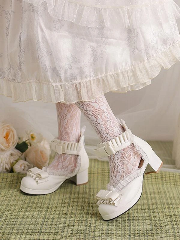 Sweet Lolita Sandals Bows Ruffles Round Toe PU Leather White Lolita Summer Shoes - Image 8