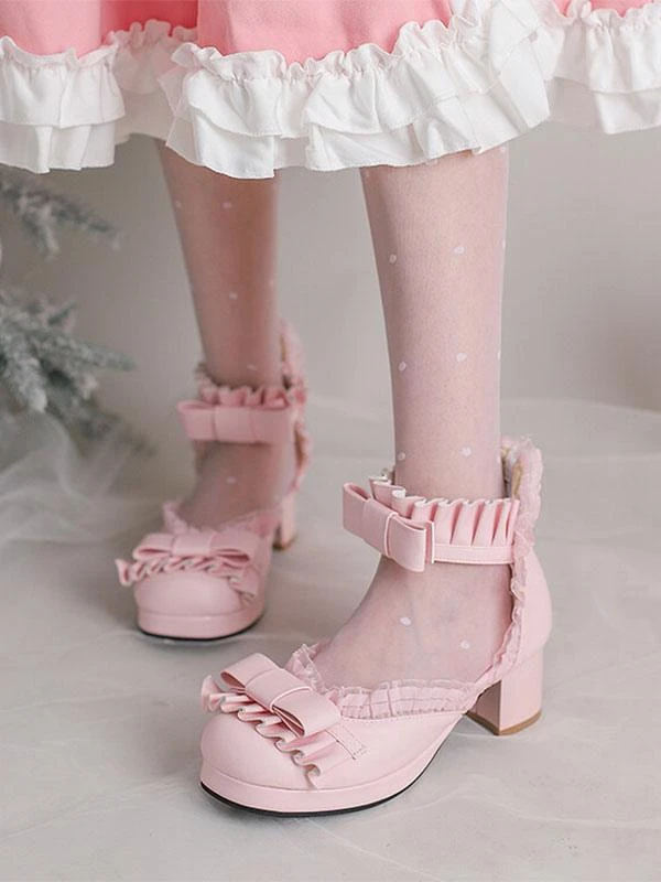 Sweet Lolita Sandals Bows Ruffles Round Toe PU Leather White Lolita Summer Shoes