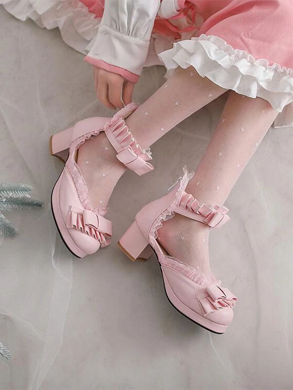 Sweet Lolita Sandals Bows Ruffles Round Toe PU Leather White Lolita Summer Shoes - Image 2