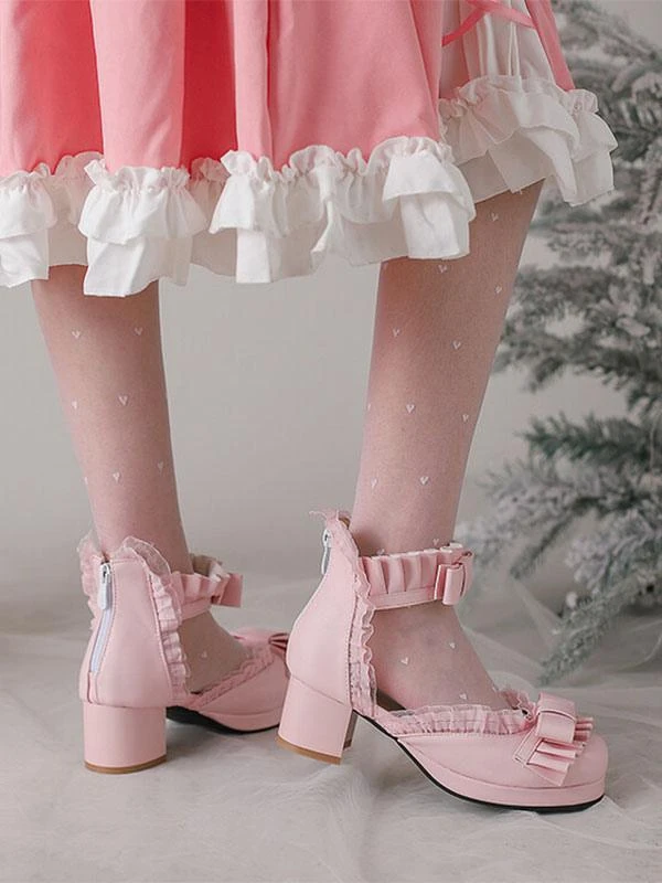 Sweet Lolita Sandals Bows Ruffles Round Toe PU Leather White Lolita Summer Shoes - Image 3
