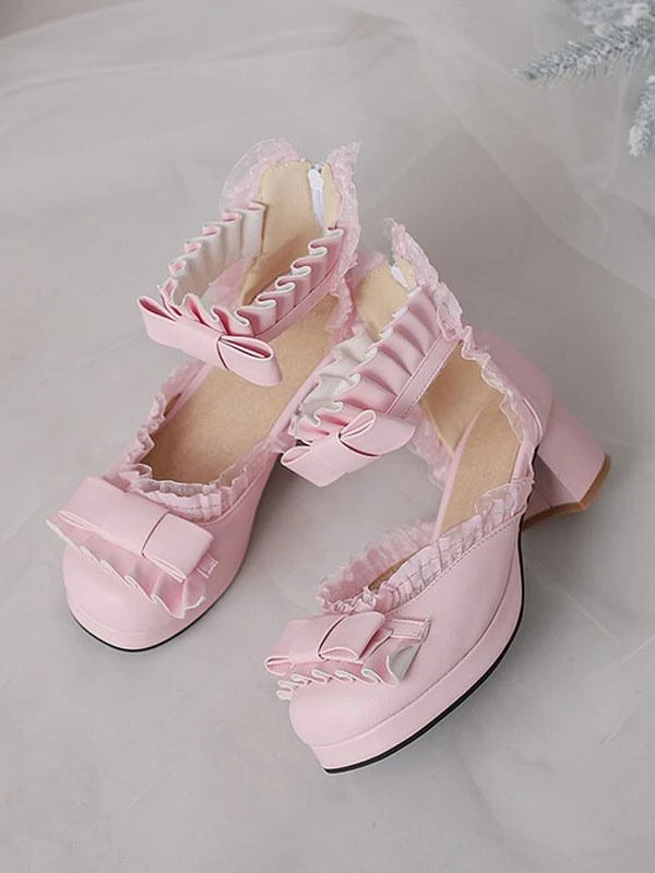 Sweet Lolita Sandals Bows Ruffles Round Toe PU Leather White Lolita Summer Shoes - Image 4