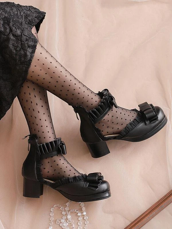 Sweet Lolita Sandals Bows Ruffles Round Toe PU Leather White Lolita Summer Shoes - Image 6