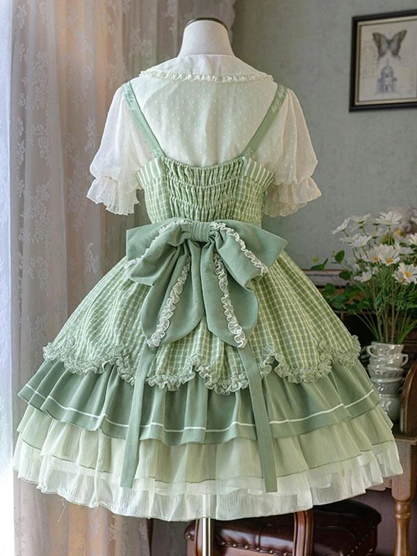 Sweet Lolita Outfits Green Bow Short Sleeves Jumper Apron - Image 7