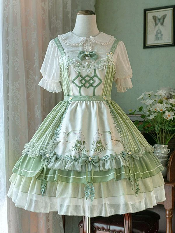 Sweet Lolita Outfits Green Bow Short Sleeves Jumper Apron - Image 6
